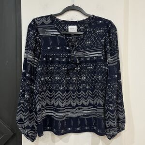 MISA Los Angeles Blue White Peasant Popover Blouse Top Size Medium Boho